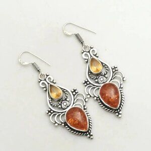 Amber Citrine Gemstone Drop Dangle Earrings